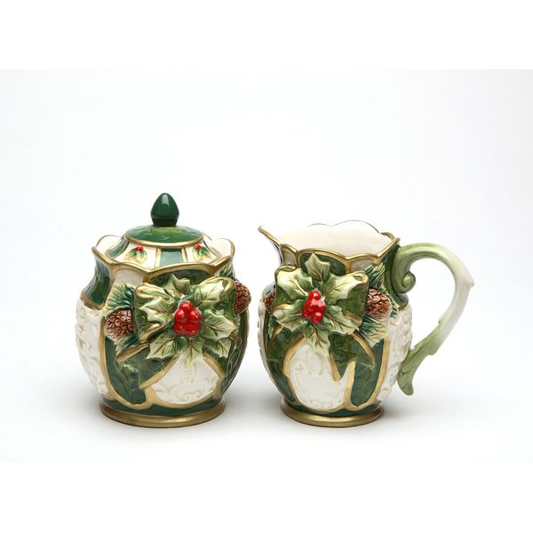 Cosmos Gifts 10303 Fine Ceramic Emerald Green Holiday Holly with Red Berry and Pine Cone Sugar and Creamer Set, 4 3/8" H