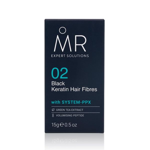 MR Black Hair Fibres (15g). Paraben Free Hair Loss Concealer with System-PPX, Thinning Hair Concealer for Bald Patch Cover Up, Hair Fibres Black, Hair Thickener for Men, Hair Texture Powder