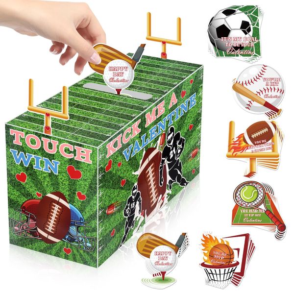 Atiloy Valentines Boxes for Kids with 30PCS Soccer Basketball Baseball Sports Football Valentines Cards Valentine Mailbox Kit for Classroom Exchange Boys Girls School Party Favors