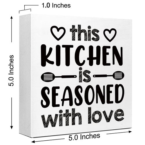 LVQHI Rustic This Kitchen is Seasoned With Love Sign, Funny Cookroom Wooden Block Sign, Country Kitchen Table Shelves Decor 5"L x 5"W x 1.1"H