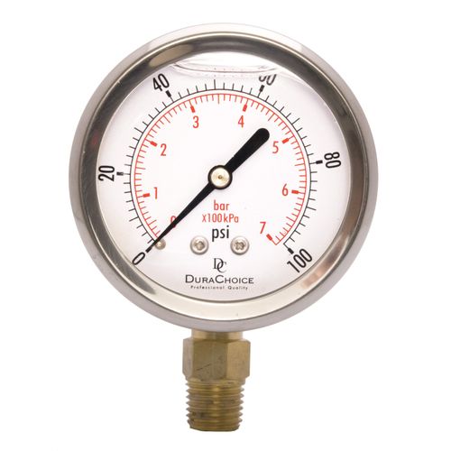 2-1/2" Oil Filled Pressure Gauge - Stainless Steel Case, Brass, 1/4" NPT, Lower Mount Connection, 0-100
