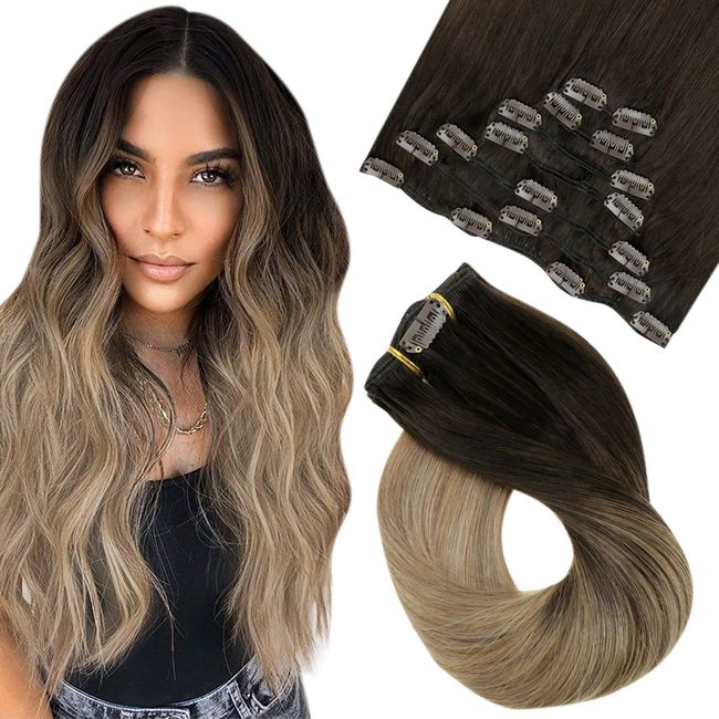 Easyouth 22 Inch Clip in Hair Extensions Human Hair 100g 7 Pieces Brown Fading to Medium Brown with Ash Blonde Clip Hair Extensions Remy Straight Hair