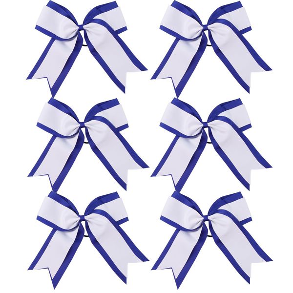 8 Inch 2 Colors Cheerleader Bows 2 Layers 6 Pcs Ponytail Holder Cheerleading Bows Hair Elastic Hair Tie (Royal blue/White)