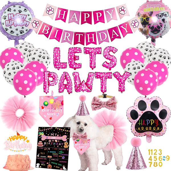 Dog Birthday Party Supplies Decorations, Cute Dog Birthday Bandanas Girl with Lets Pawty Banner Dog Birthday Cake Toppers Hat Pink Bowtie Dog Tutu Skirt Paw Balloons for Dog Party Decorations