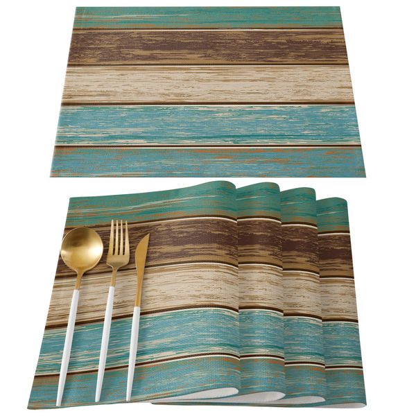 Placemats Set of 6, Retro Rustic Wood Texture Polyester Stain Resistant Table Mats Washable Placemat Decoration for Kitchen Dining Table Teal Green Brown