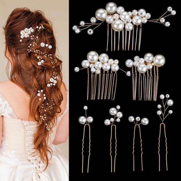 7 Piece Pearl Wedding Hair Combs Pearl Bridal Hair Pins Vintage Bridal Headpiece Hair Clips Elegant Hair Accessories for Brides Bridesmaids Women and Girls(Gold)