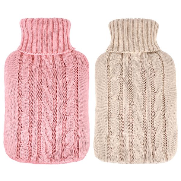 2 Pieces Hot Water Bottle Cover Soft Cover Only Knitted Hot Water Bottle Sweater for Winter Hot Compress and Cold Therapy, Menstrual Cramps, Neck, Shoulder Pain Relief(Pink, Khaki)