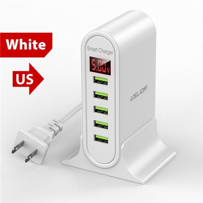 Charger Display USB Adapter Fast Charging Super Fast USLION-5 Port Multi USB Charger LED Display Universal Steer, US White, 05 US White