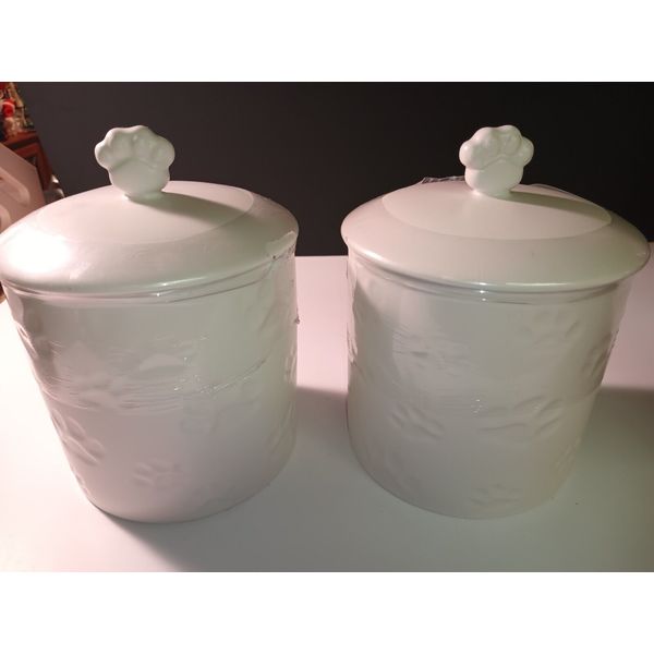 Ceramic Dog Treat Jars White With Paw prints Cookie Jar Or Pet Treat Jar Set Of2