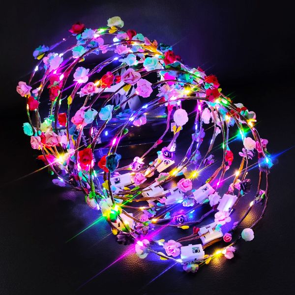 12PCS LED Flashing Flower Headbands - Party Gift Mixed Colours Light up Glow Hairbands, Hair Wreath Blinking Garlands, Halloween Christmas Wedding Neon Light Party Glowing Wreath,for Women Kids Girls