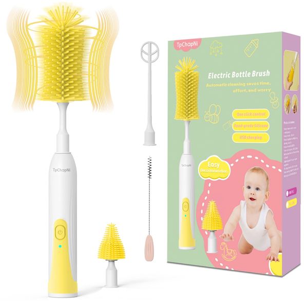 Electric Bottle Brush Cleaner,Electric Baby Bottle Brush for Cleaning Set,Rechargeable with Replaceable Silicone Water Bottle and Nipple Brush Head,Straw Brush for Baby & New Moms,TpChapNi (Yellow)