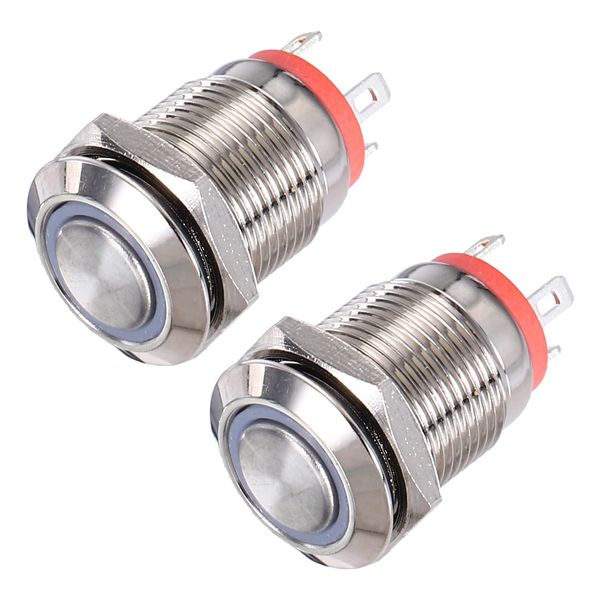 sourcing map Momentary Metal Push Button Switch 12mm Mounting Dia 1NO 3-6V Red LED Light, Flat Head, 2pcs