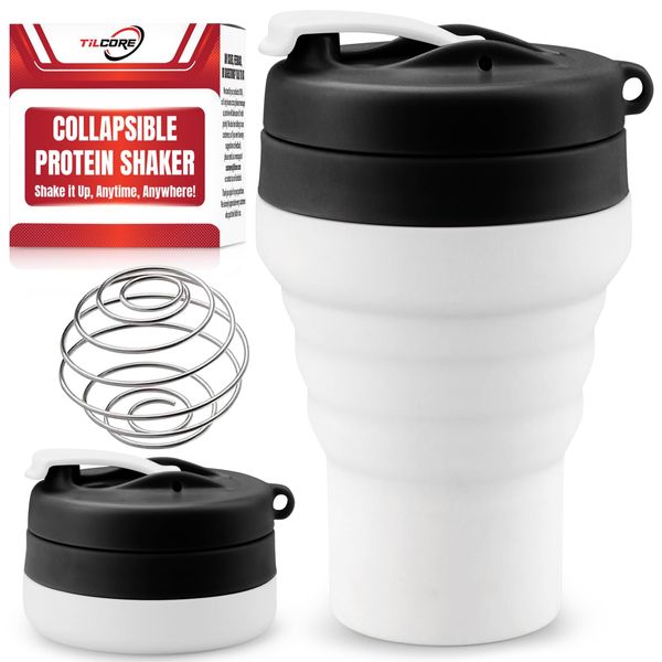 Tilcore Collapsible Protein Shaker & Water Bottle Food-Grade, Leakproof Lid 600mL/20oz Shaker Cup - Reusable Silicone Shaker Cups for Protein Shakes with Mixing Ball for Gym-goers & Travelers