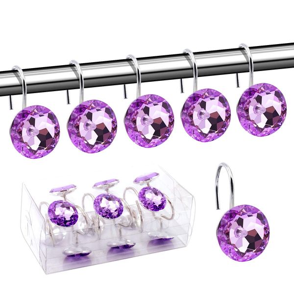 BEAVO Acrylic Fashion Decorative Home Rolling Purple Shower Curtain Hooks Rhinestones Bathroom Bath Baby Room Bedroom Living Room Decor Set of 12 Rings (Purple)