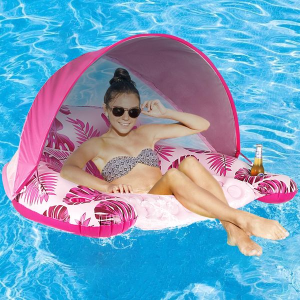 COOLCOOLDEE Pool Float with Canopy, Cup Holder - XL Pool Chair Lounge Float with Adjustable Sun Shade Cover, Drink Holder, Ergonomic Headrest,Inflatable Pool Float for Adults