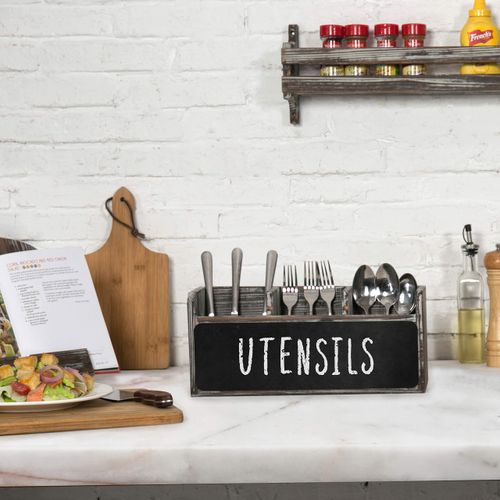MyGift Torched Wood Kitchen Utensil Holder with 3 Divided Compartments and Front Chalkboard Panel, Buffet Flatware Silverware Holder Caddy