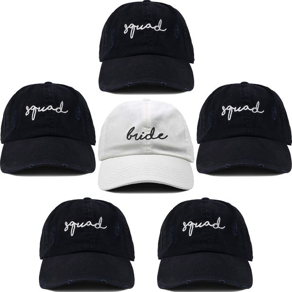 Funky Junque Bridal Baseball Cap - 6 Pack: 1 Bride & 5 Squads (Jet Black)