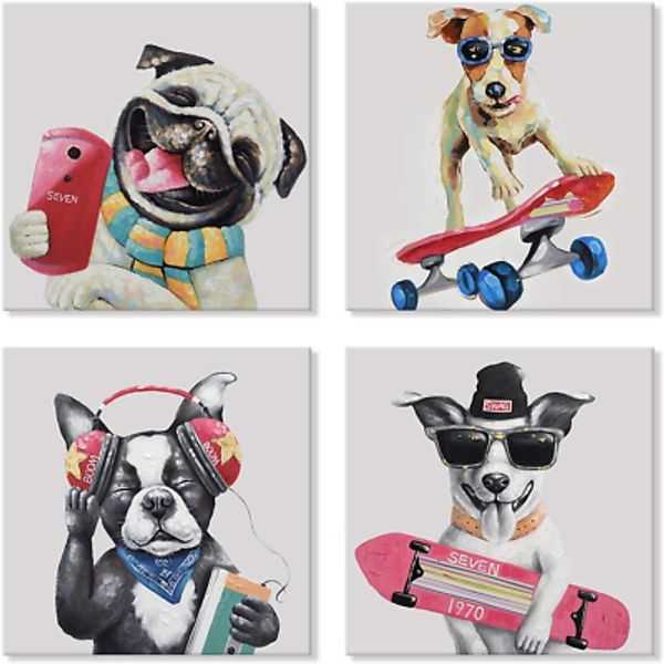 4 pcs Funny Animal Pictures Canvas Wall Art Abstract Pet Puppy Painting Framed