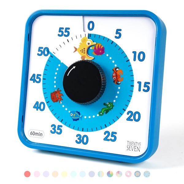 Countdown Timer 7.5 inch; 60 Minute 1 Hour Visual Timer – Classroom Teaching Tool Office Meeting, Mechanical Countdown Clock for Kids Exam Time Management Magnetic, Blue, Fish Pattern