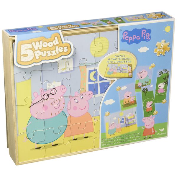 Peppa Pig 5 Wood Puzzles in Wooden Storage Box (Styles Will Vary)