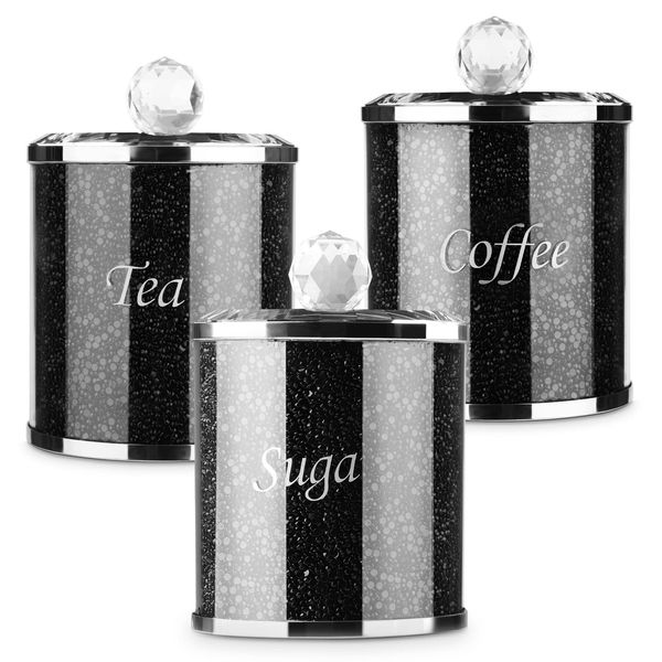 Youyijia 3pcs Diamante Sugar Canisters Glass Crushed Diamond Tea Coffee Sugar Jars Reusable Crystal Filled Tea Coffee Sugar Canisters with Lid for Kitchen Home Present