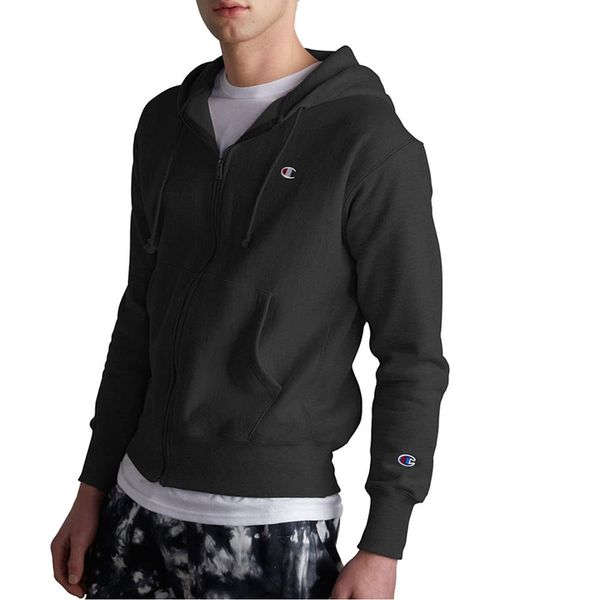 Champion, Reverse Weave, Sweatshirt, Fleece Zip-Up Hoodie for Men, Black Left Chest C, X-Large