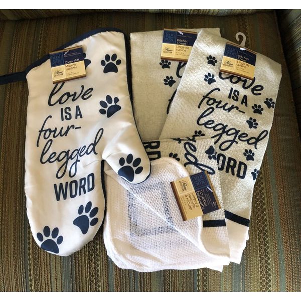 Love Is A Four Legged Word Pet Dog Cat Grey Blue Kitchen Towels & Oven Mitt Set