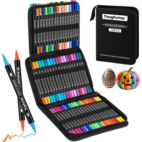 Tongfushop 72 Colors Acrylic Paint Markers, Dual Tip Acrylic Paint Pens for Rock Painting, Canvas, Wood, Stone, Glass, Ceramic, DIY Crafts, No Bleed Art Markers with Case for Artists, Kids & Adult