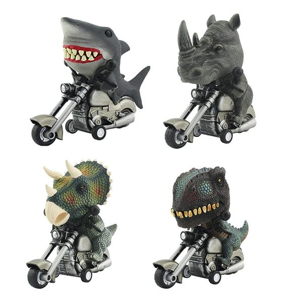 4PCS Friction Powered Inertia Animal Motorcycle Toy Vehicles Gifts for Kids Boys Age 3,4,5,6,7,8,9 Shark Toy Car + Special Rhino Toy + Dinosaur Motorcycle Game T-Rex and Triceratops Monster Dino Toys