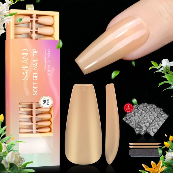 Saviland 15 Size Soft Gel Nail Tips - 240 Pcs Full Matte Medium Coffin No File Acrylic Nail French Tip Nail False Nail Jelly Nail Adhesive Tab Nail Extension Nail Tool for Women DIY Nude