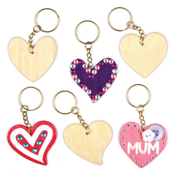 Baker Ross AF906 Heart Wooden Keyrings, Craft Kits For Kids to Paint, Decorate and Use (Pack of 8), 48mm