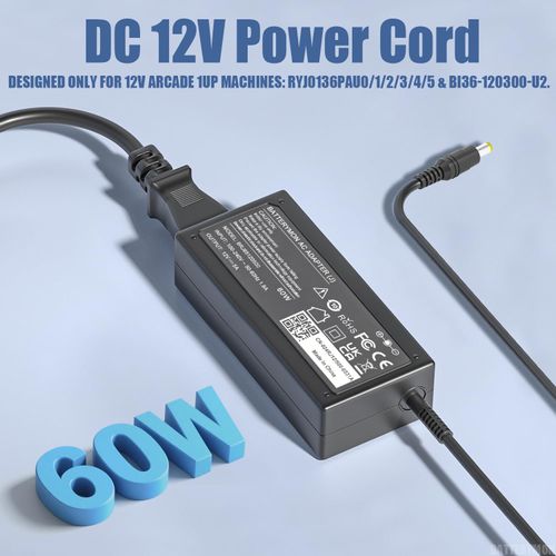 Charger Only Compatible with 12V Arcade1Up Power Cord BI36-120300-U2, 12-Volt Arcade 1Up Game Machine with Riser Cocktail Table RYJ0136PAU9/8/7/6/5/4/3/2/1/0 One Up Adapter Plug (NOT for 5V-Arcade1up)