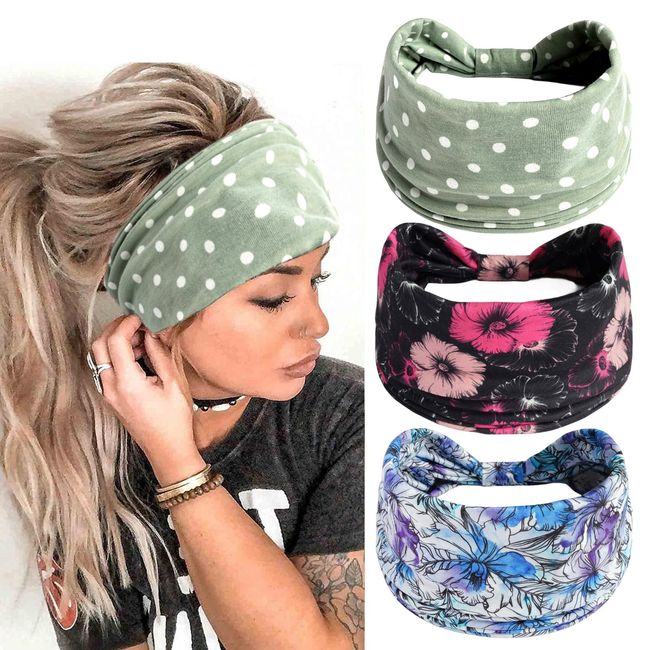 scicent Hair Band 3 Pieces Boho Elastic Hairbands Knotted Wide Head Band Yoga Stretchy Bandeau Hair Accessories Headbands for Girls - 4214