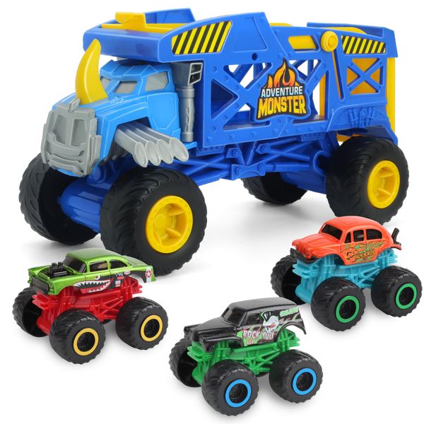 KARMOUNT Monster Trucks Monster Mover Rhino Toy Car Hauler, Monster Carrier with 3 Mini Monster Trucks, Super Ramp Lauch, Gift for Kids 3 Years & Up