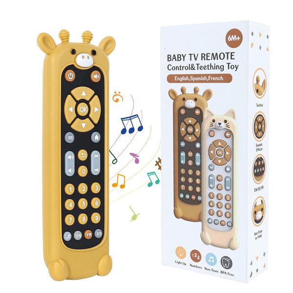 Orzbow Baby Remote Control Toy for 6 Month+ with Silicone Teether Cover, TV Remote Toy with Realistic Light and Sound - English, French and Spanish for Infant Play Remote Musical Toys, BPA Free, Black