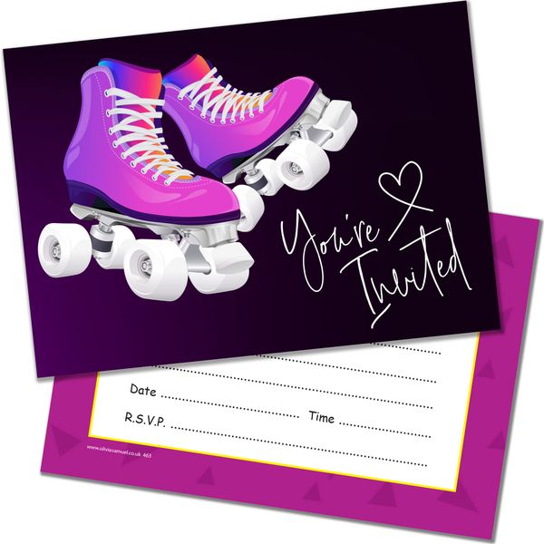 Olivia Samuel 20 x Roller Skate Party Invites - Ready to Write with Envelopes - Designed and Printed in the UK