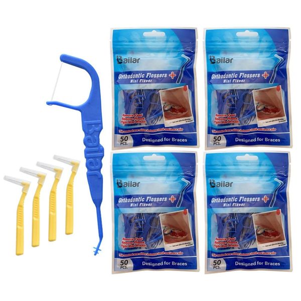 Ortho Floss| Floss for Braces| 200 Count Bag| Pack of 4 Bonus 4 Interdental Brush| Floss Dental Pick Fits Between Brace Wire and Teeth| Quick and Easy Braces Floss