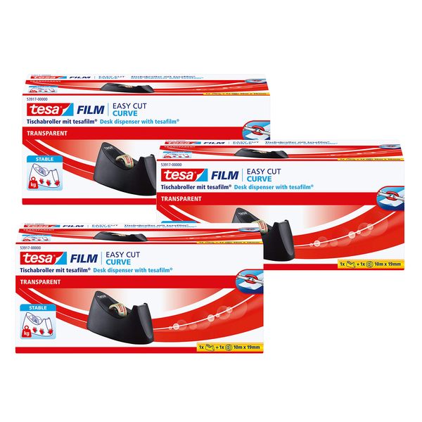 tesa Easy Cut Curve Tischabroller (3er Pack/Curve inkl. 1 Rolle)