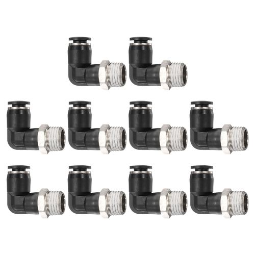 HARFINGTON 10pcs Push to Connect Tube Fitting 1/4" BSPT Male Thread x 6mm ID 90 Degree Pneumatic Quick Connect Air Fittings, Black