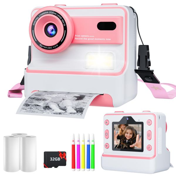 Kids Camera Instant Print for Girls Boys Age 3-12 Kids Toys, 1080P Kids Digital Cameras Christmas Birthday Gifts for 4 5 6 7 8 9 10 Year Old Girls, Toddler Camera Girls Toys with 32GB Card