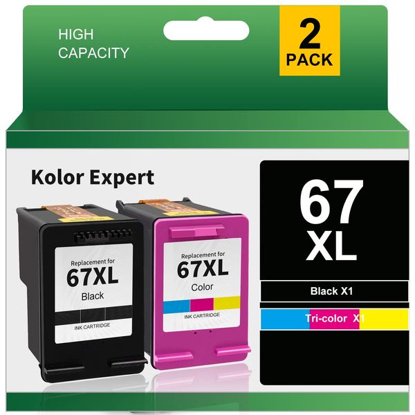 Kolor Expert Remanufactured 67XL Ink Cartridge Replacement for HP 67 67XL for DeskJet 2742 2755 Envy 6052 6055 6075 DeskJet Plus 4140 4155 4158 Printer (Black, Tri-Color, 2 Pack)