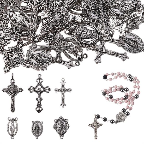 BEEFLYING 60 Pieces Tibetan Style Cross Charms Catholic Rosary Jesus Virgin Oval Links Pendants for DIY Jewelry Making Crafts Supplies (Antique Silver)