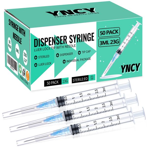 50 Pack 3ml Disposable Syringe with Needle 23Ga 1.0 Inch, Luer Lock Syringes, Individual Sterilized Wrapped