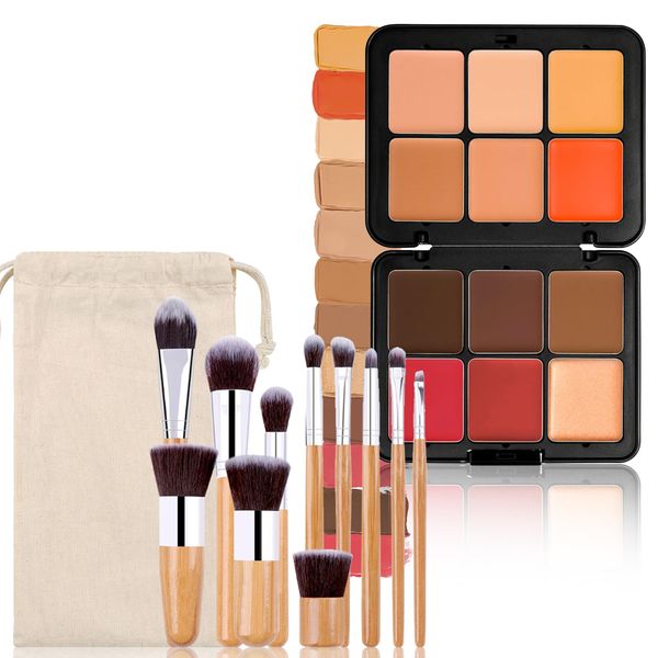 Hinourisha Set di 12 colori per fondotinta + 11 pennelli per trucco, blush palette per trucco, evidenziazione e contour Pro, kit per contorni in crema cosmetica, per pelle chiara e scura #1