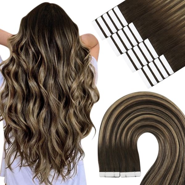 YoungSee Echthaar Extensions Tape Ombre 45cm Tape Extensions Echthaar Braun Ombre Blond Invisible Tape Extensions Remy Echthaar Tape in Extensions Haarverlangerung Tape Echthaar 50g #4/27/4