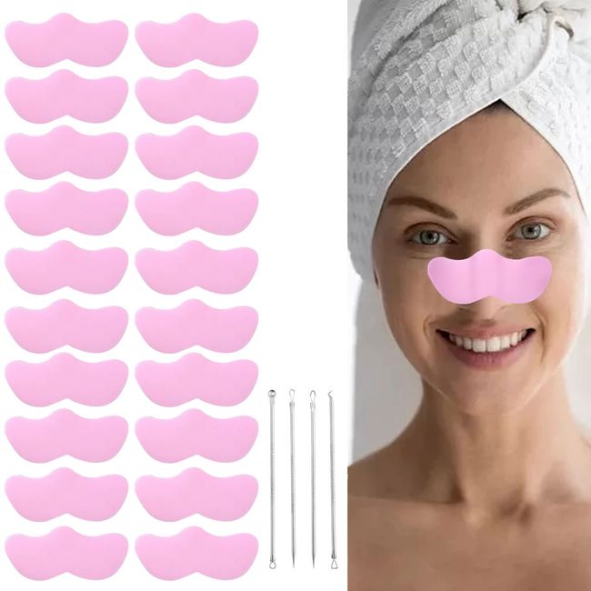 Mitesserstreifen,Porenstreifen,Nasenstreifen Mitesser,Mitesser-Pflaster,Mitesser und Verunreinigungen entfernen,Frauen,Nasenreinigung im Gesicht,Mit 4 Stück Aknenadeln,Rosa(20 PCS)