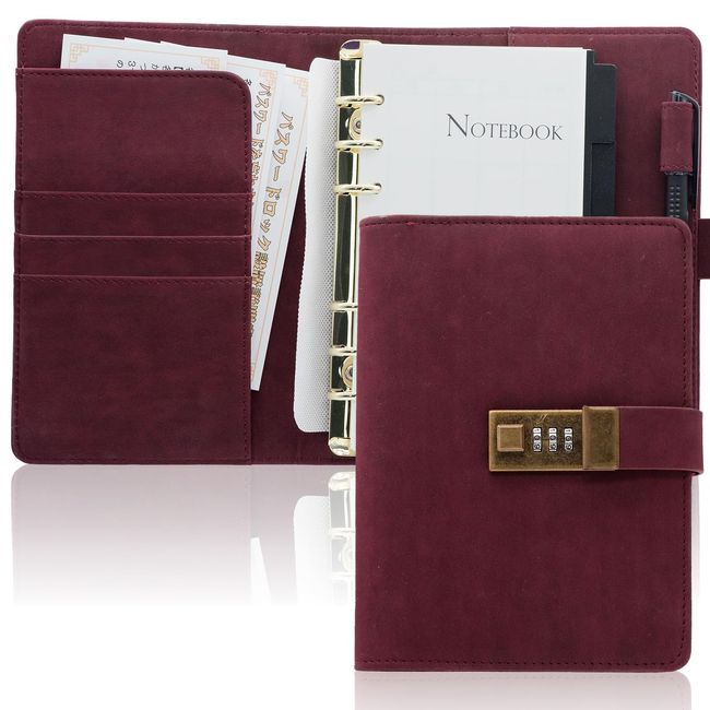 A6 6 Hole Notebook with Lock Notebook PU Leather Keyed Diary Keyed Notebook Horizontal Ruled Business Notebook Schedule Book Card Storage Notebook Notebook Office Supplies (Burgundy (Matt))