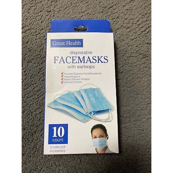 Great health disposable facemask with ear loops 10 count