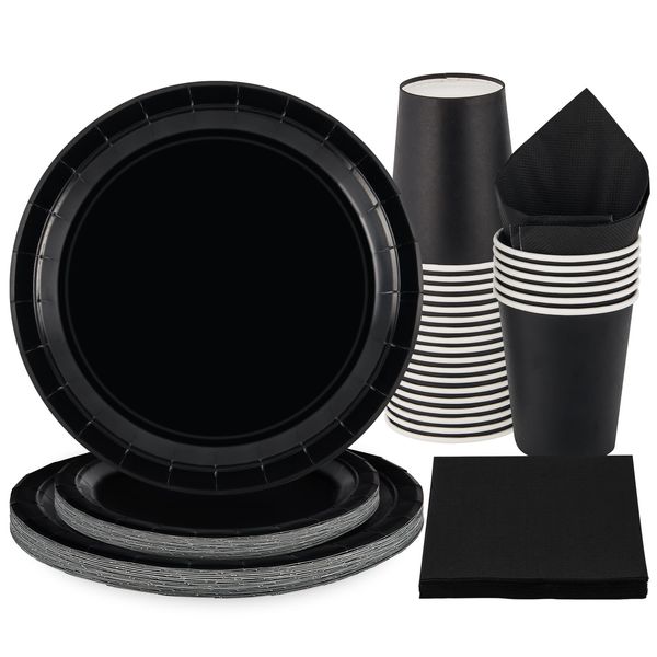 PARTY GO 96 Pcs Black Tableware Set, Paper Plates Cups and Napkins, Disposable Dinnerware Party Supplies for Graduation Holiday Wedding Birthday Party Baby Shower Decorations Serve 24 Guests