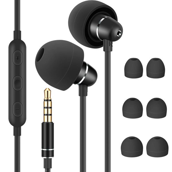 Bulees Sleep Earphones for side sleeping, Noise Isolating, Lightweight Wired Earbuds for Small ear Canal, In-Ear Headphones with Mic and Volume Control for Sensitive Sleeper, Bedtime (Black)